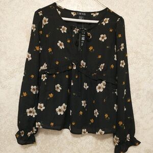Timing Black Ruffle Blouse with Floral Accents
